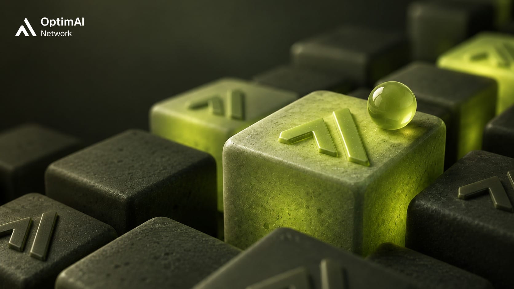 Glowing olive cubes with the OptimAI mark, one lit cube holding a lime sphere